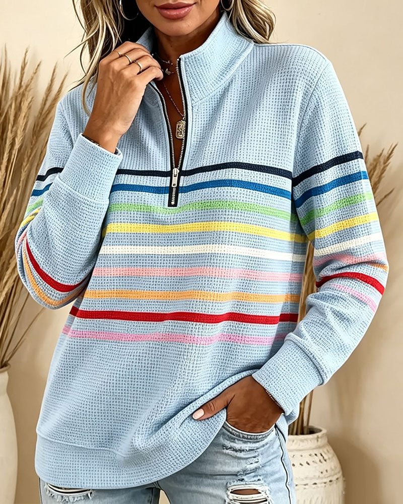 Sweatshirt Col Montant Fermeture Éclair Rayée