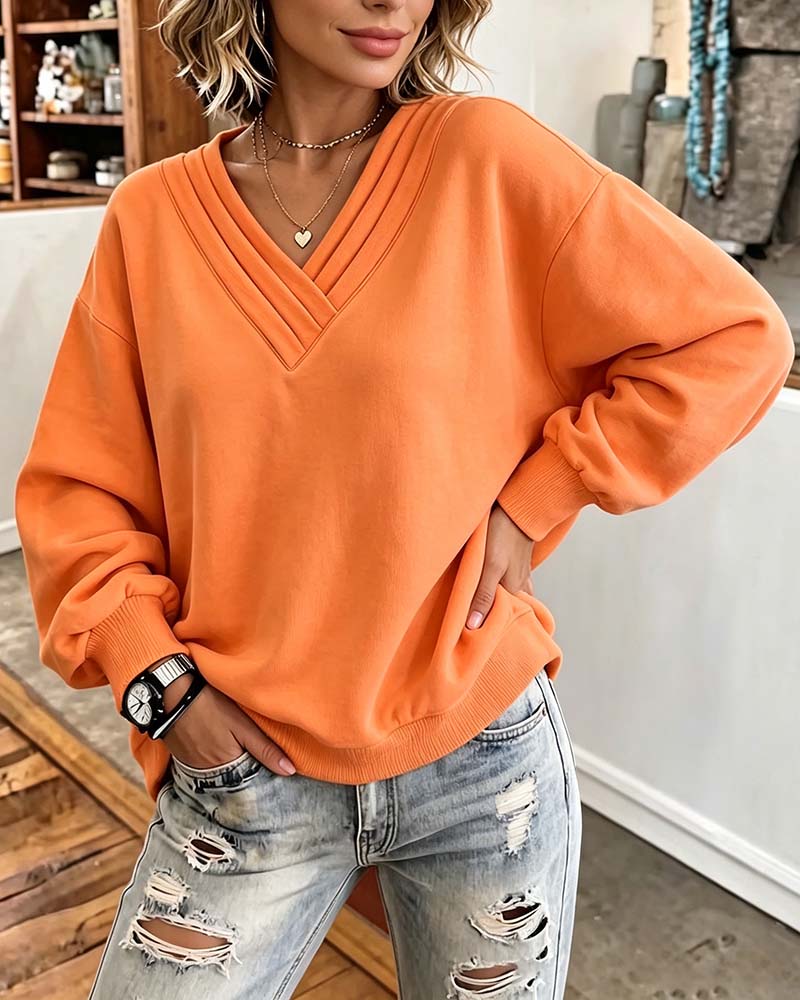 Sweatshirt Double Couche Col En V Épaule Tombante Lâche