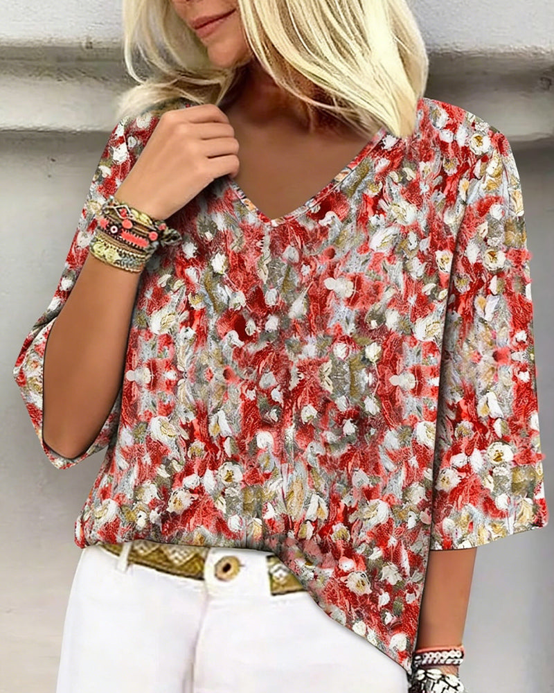 Blouse Imprimé Fleuri Col V Manche Trois-Quarts