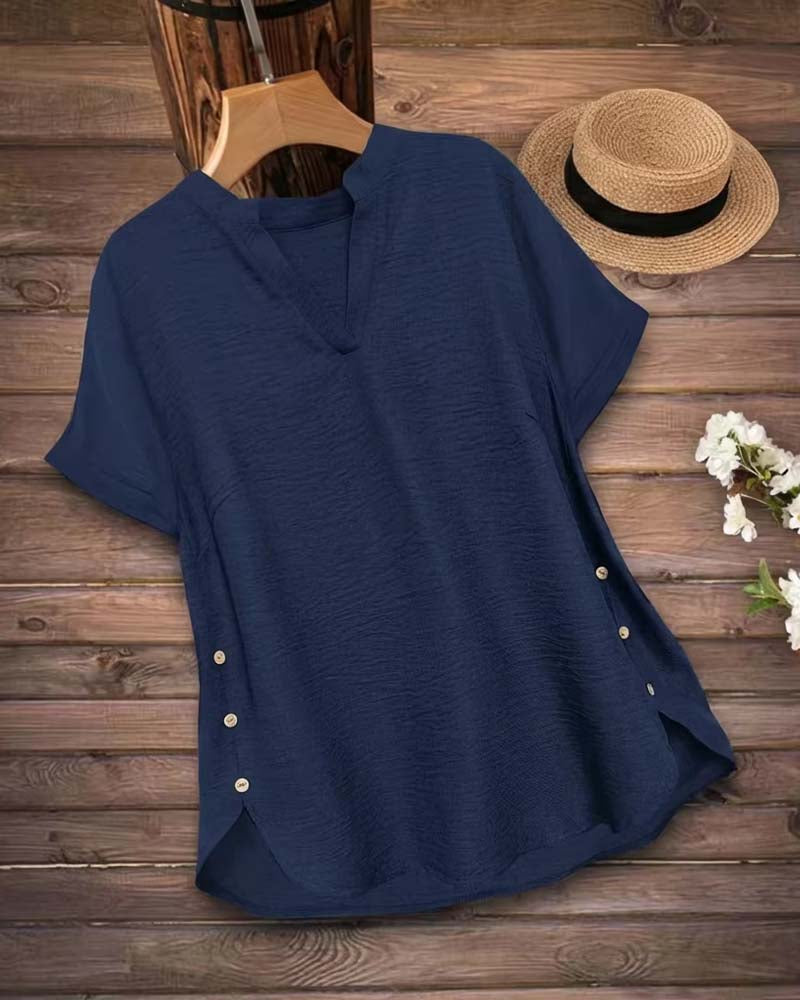 Blouse Unie Fente Latérale Manches Courtes