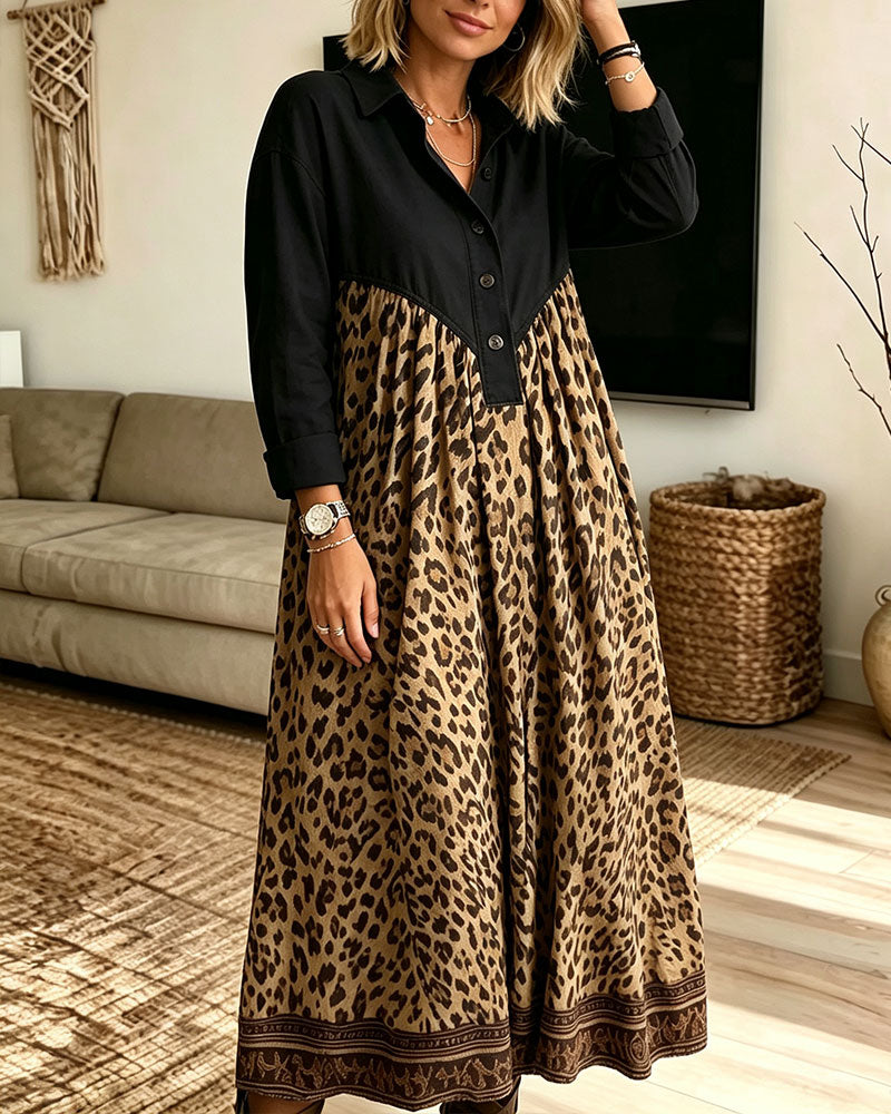 Robe Col Chemise Boutonnage Imprimé Léopard Poche