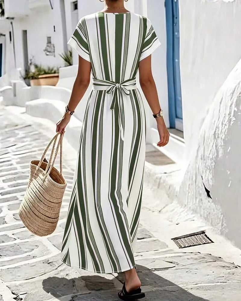 Robe Croix Col V Rayure Enveloppant Longue