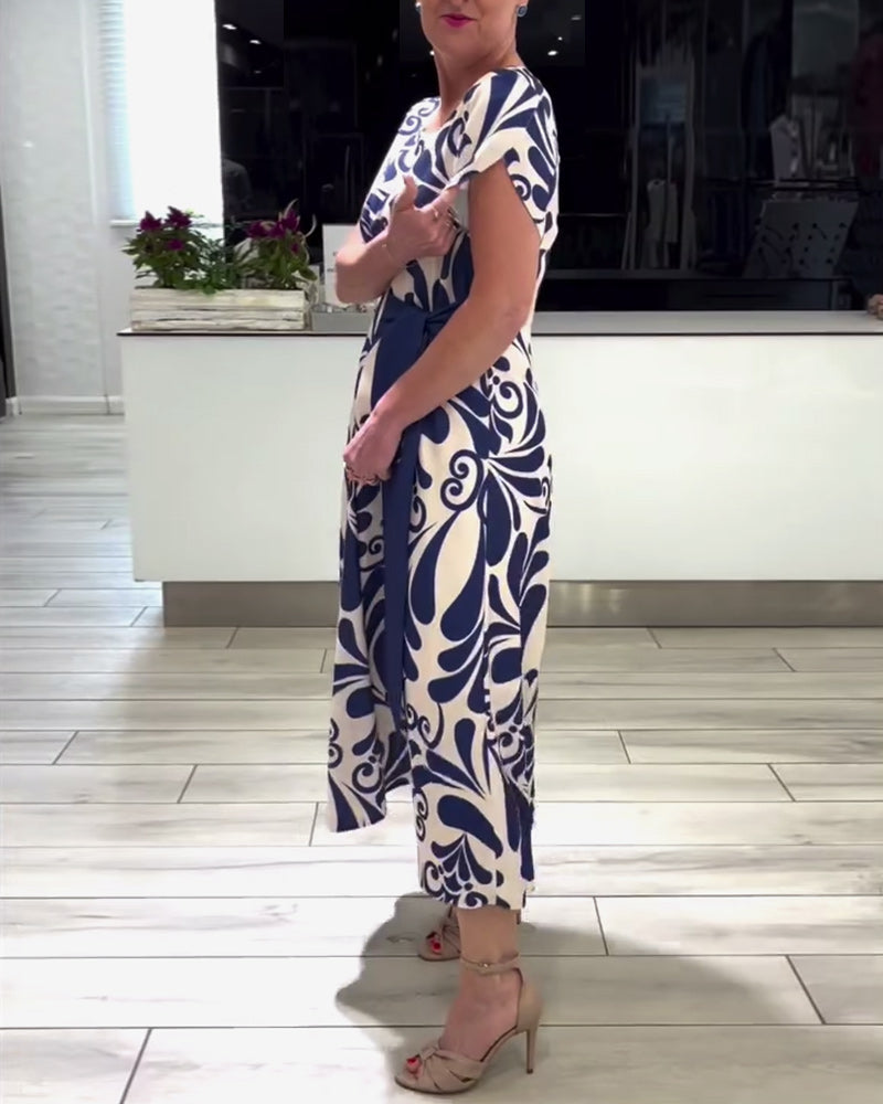 Robe élégante à manches courtes et imprimé contrasté
