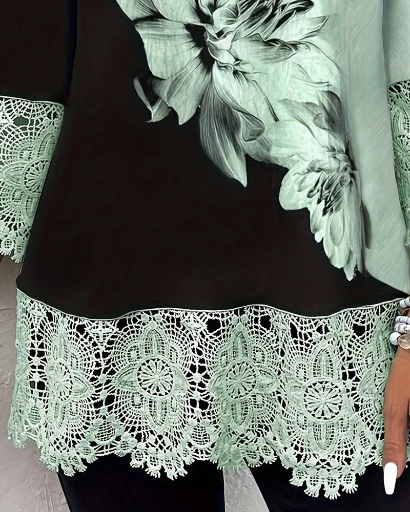 Chemise À Col V Florale À Blocs De Couleurs Et Bordure En Dentelle