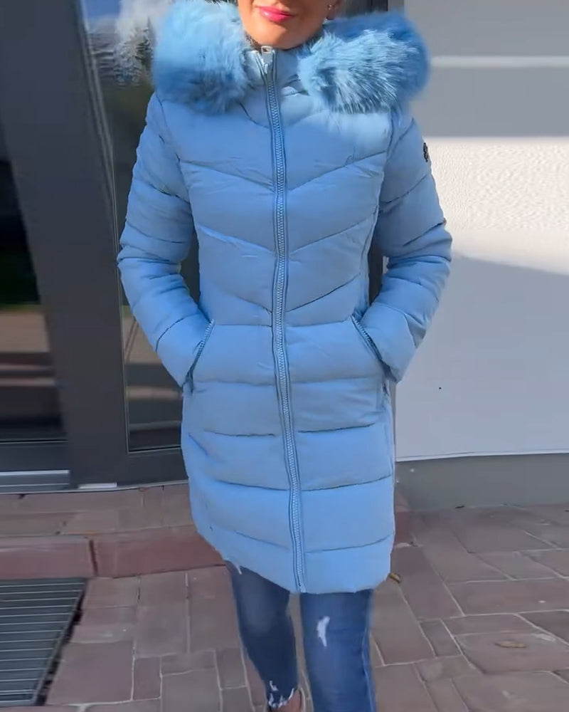 Veste matelassée décontractée à capuche avec poche zippée et couleur unie