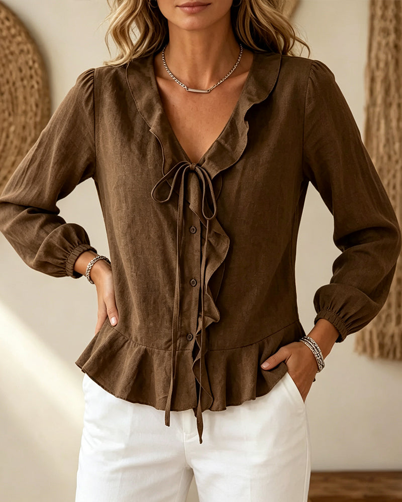 Blouse Col V Volant Cravate Manche Longue