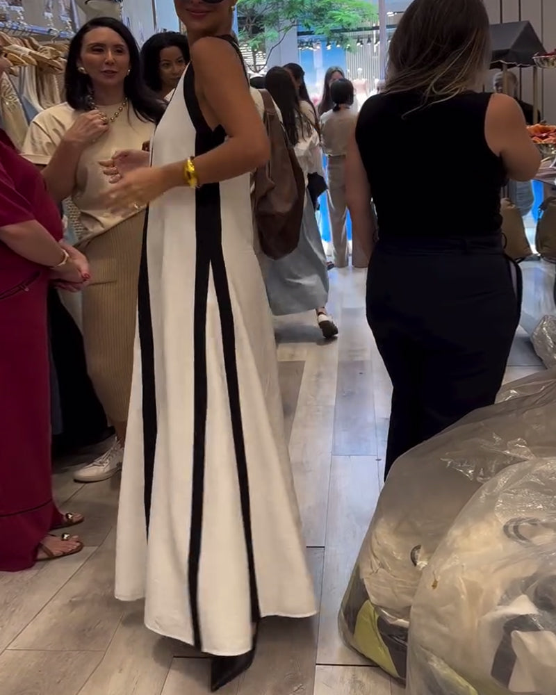 Robe Col en V Sans Manches Colorblock Lâche