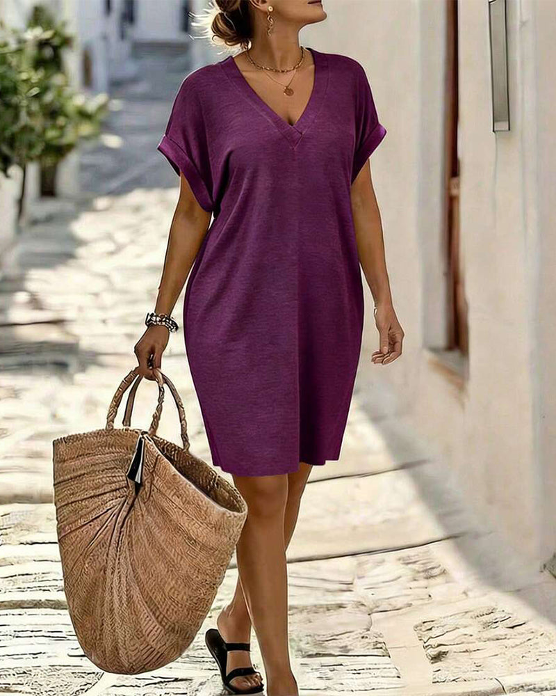 Robe Col V Manche Courte T-Shirt