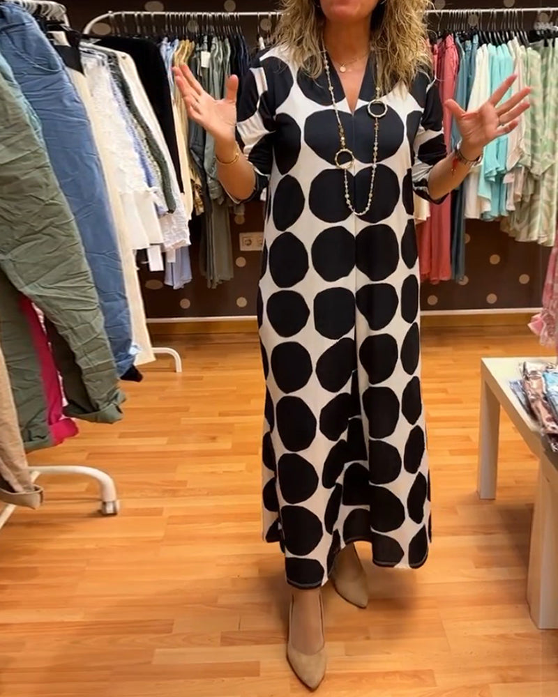 Robe longue col V fendue à gros pois