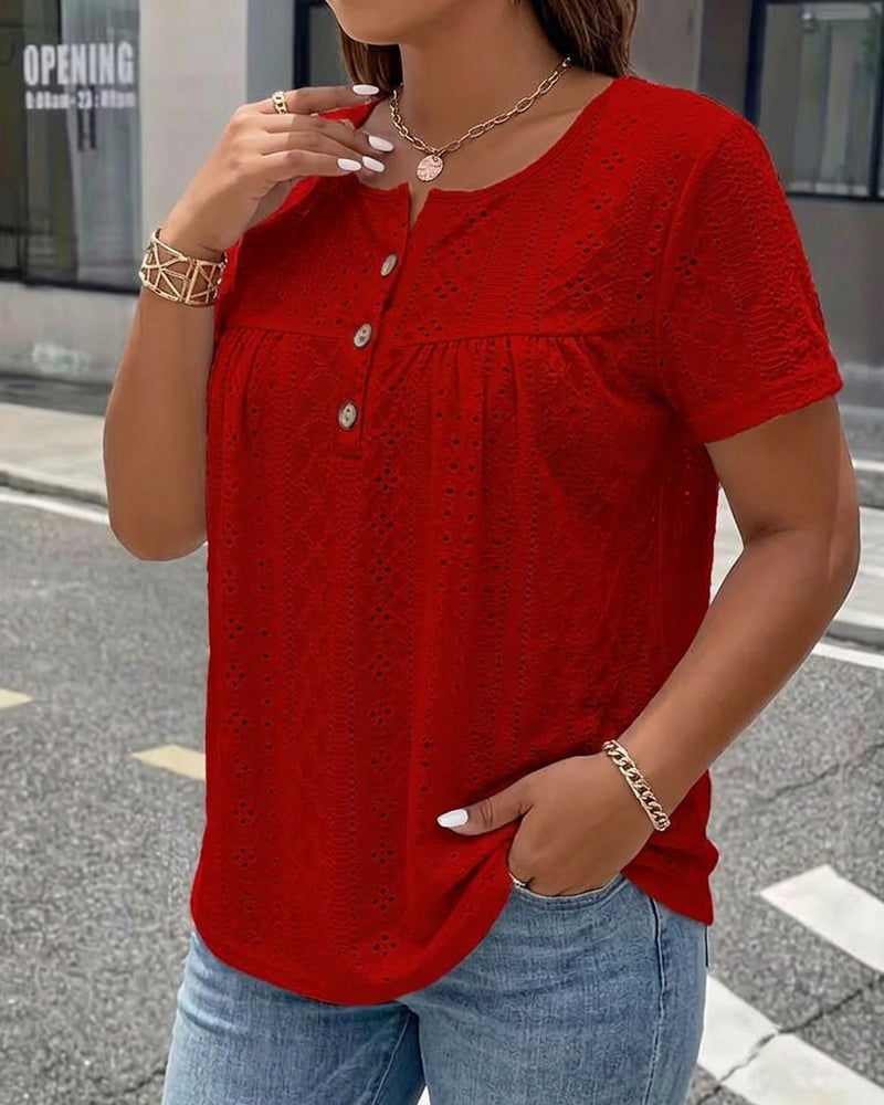 T-Shirt Ajouré Col Henry Manches Courtes