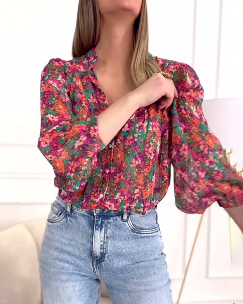 Chemise boutonnée imprimée à manches bouffantes