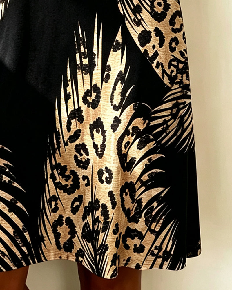Robe Imprimé Léopard Bloc Couleur Col Cascade