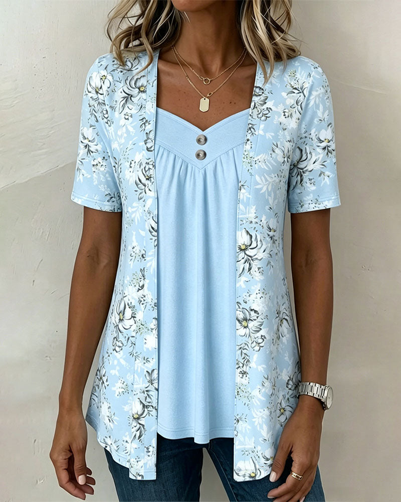 T-Shirt Imprimé Floral Fausse Deux Pièces