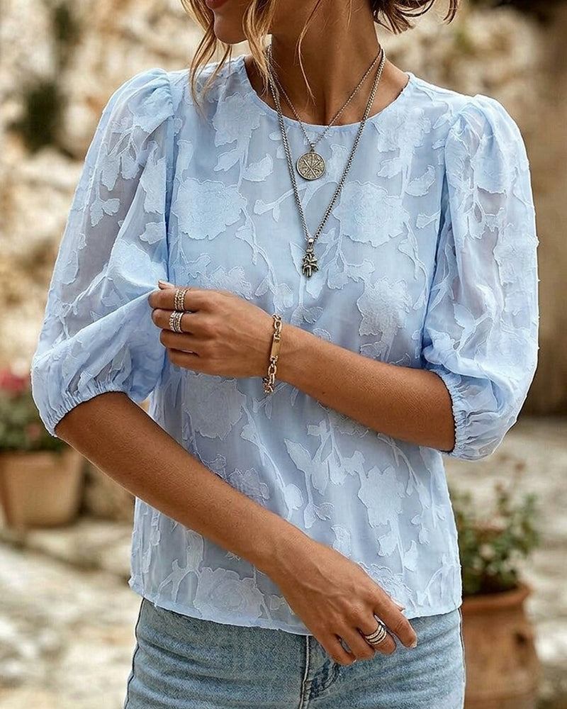 Blouse Col Rond À Manches Bouffantes