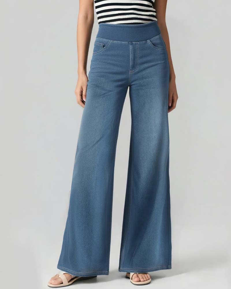 Pantalon Taille Élastique Denim Large Jambe