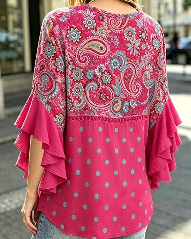 Blouse Col V Florale Pois Volant