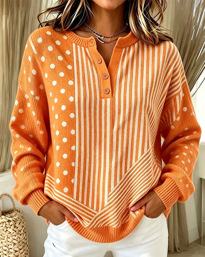 Pullover Bouton Devant Rayure À Pois Épaule Tombante Tricoté