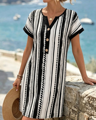 Robe Polka Dot Rayure Bouton