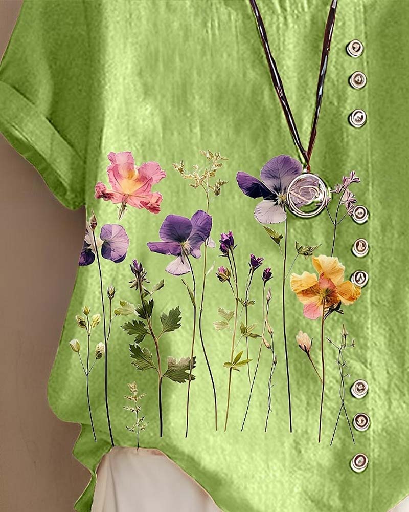 T-Shirt Floral Imprimé Col Ras Manche Courte