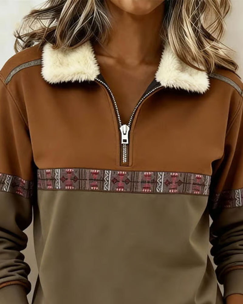 Sweatshirt Polaire Bloc de Couleur Demi-Fermeture Éclair