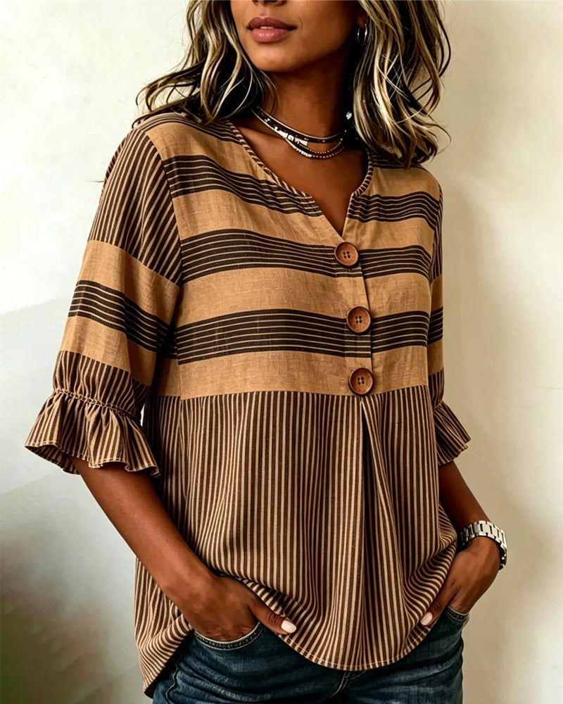 Blouse Col En V Volant Rayé Patchwork