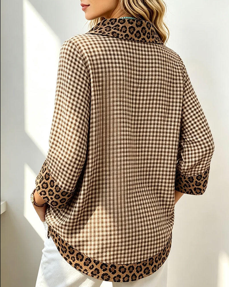 Chemise Plaid Léopard Manches Longues Décontractée