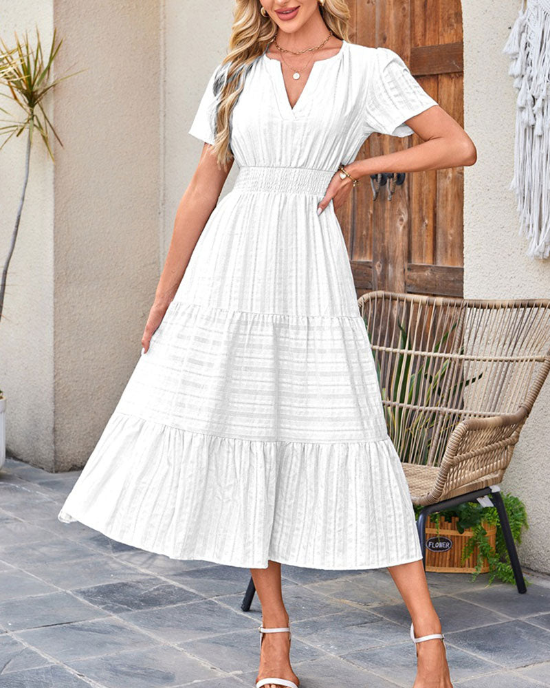 Robe Col En V Froncé Manche Bouffante Manches Courtes