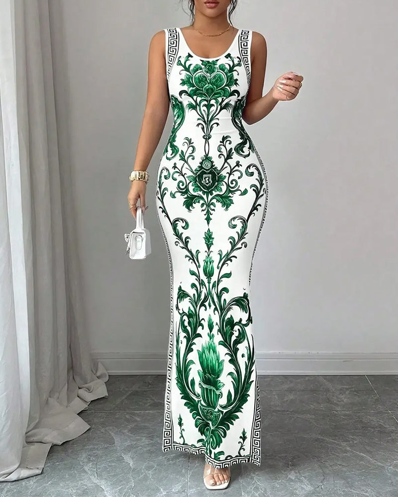 Robe Porcelaine Bleu-Blanc Sans Manches Fente Maxi