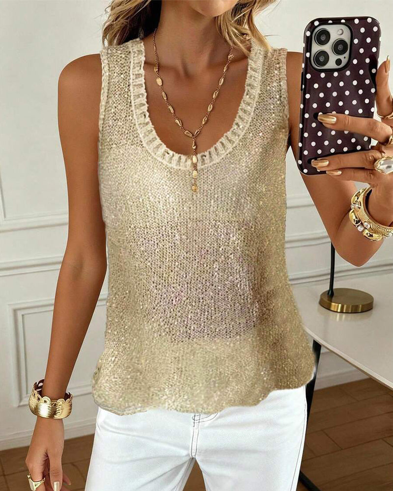 Haut Sequin Sans Manches Encolure Ronde