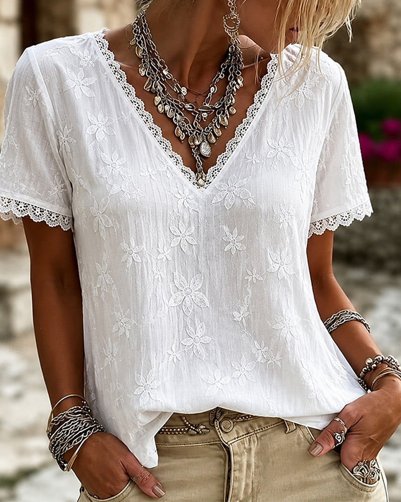 Blouse Col V Dentelle Manche Courte