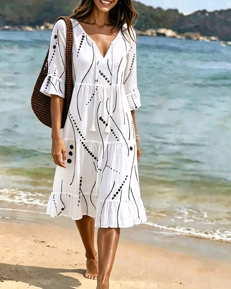 Robe Manches Volant Nœud Taille Pois A-Ligne