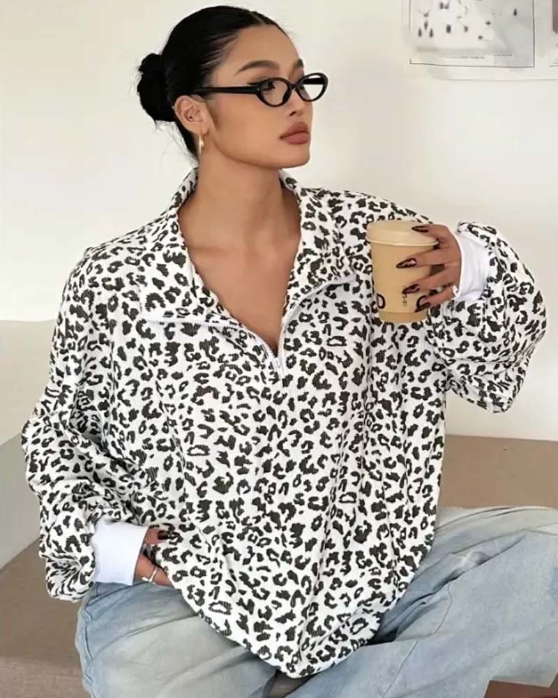 Sweatshirt Fermeture Éclair Léopard Décontracté