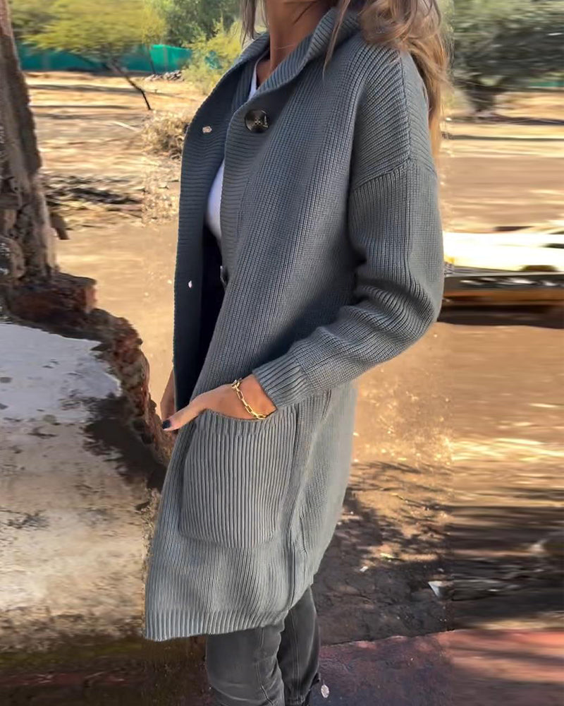 Cardigan décontracté à capuche avec poche boutonnée de couleur unie