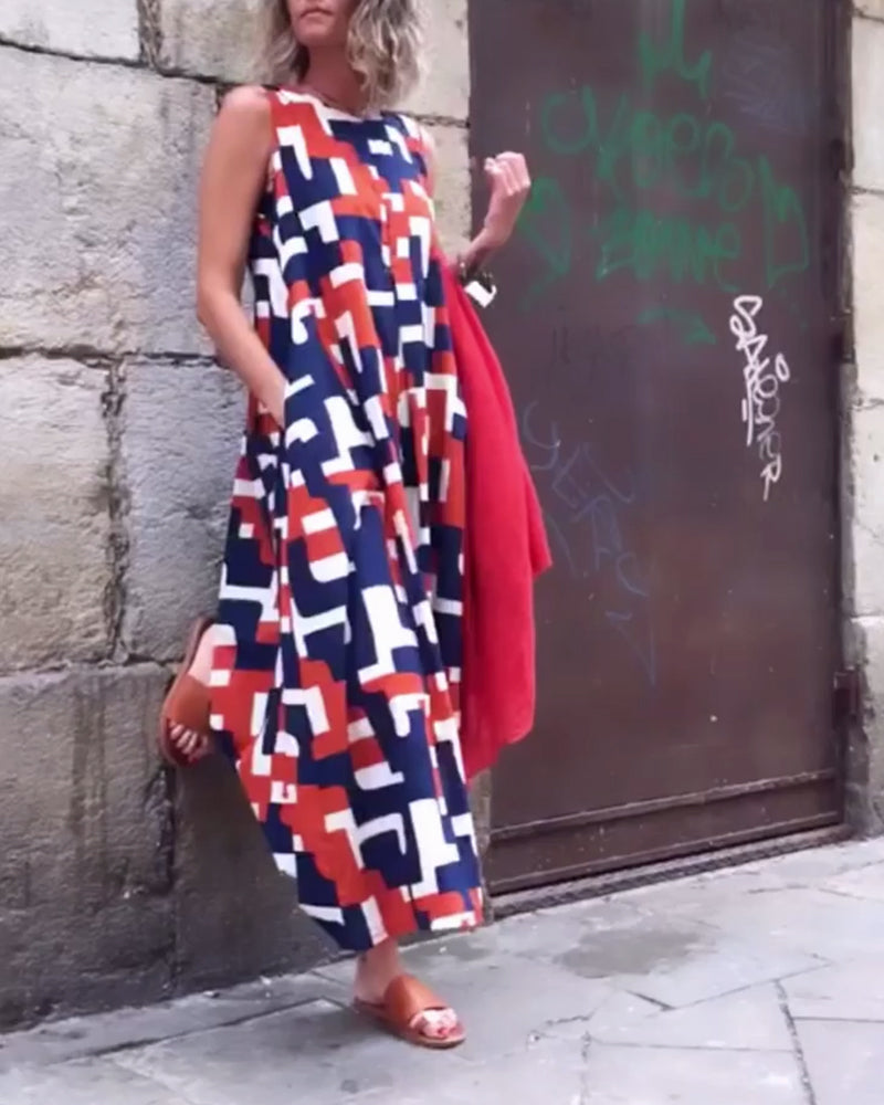 Robe à poches sans manches à imprimé géométrique
