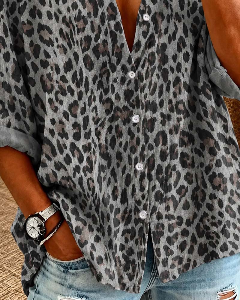 Chemise Col En V Bouton Léopard Manches Longues