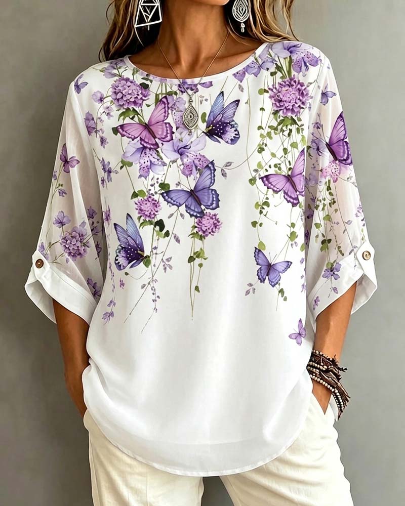Blouse Col Rond Papillon Florale