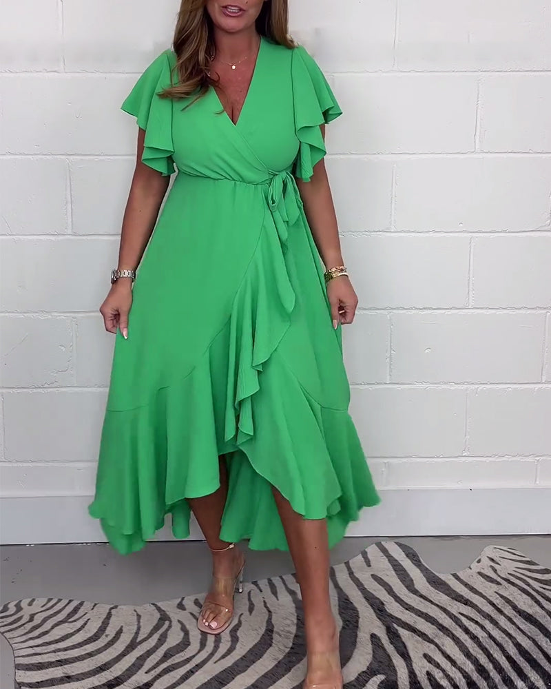 Robe élégante fendue de couleur unie à volants