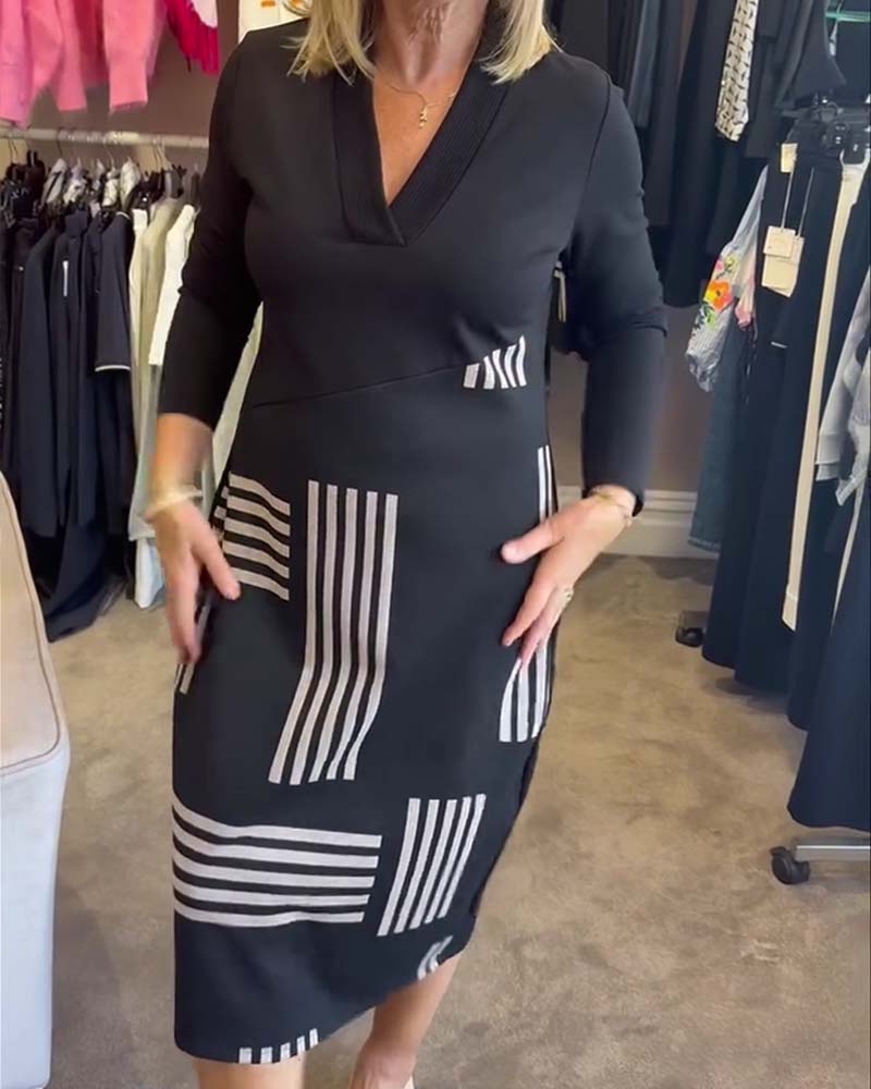 Robe Rayure Géométrique Col En V Bodycon Midi