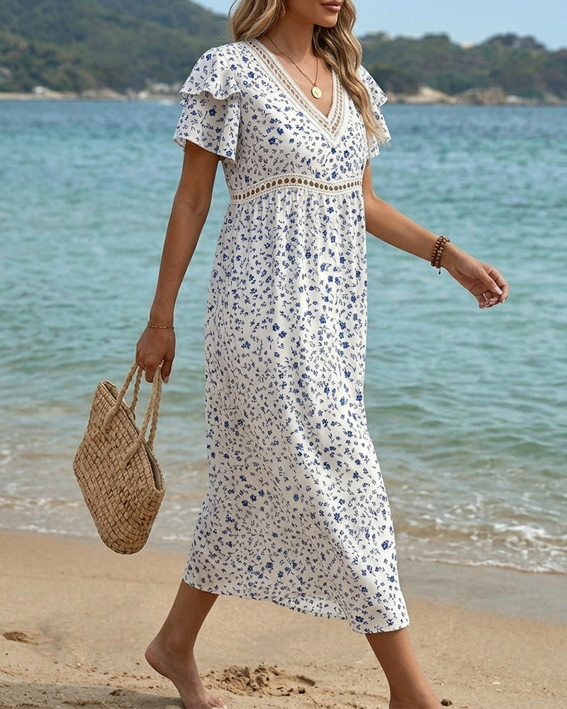 Robe Bleu Blanc Imprimé Floral Col V