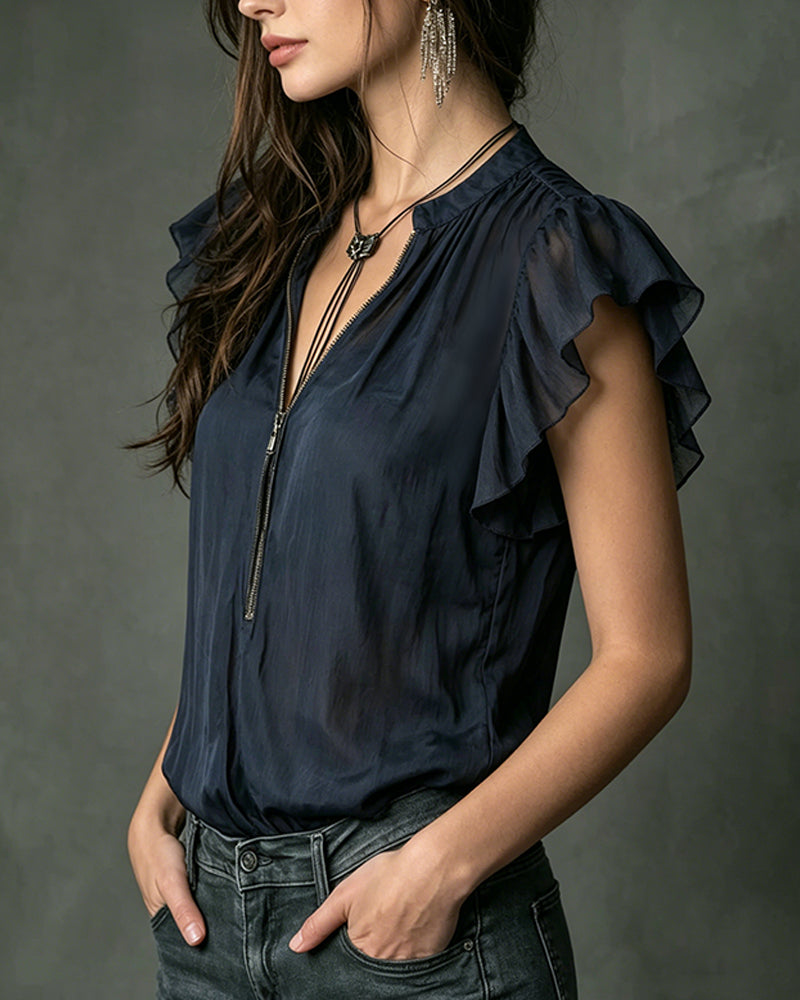 Blouse Manche Papillon Demi-Fermeture Éclair Créateur