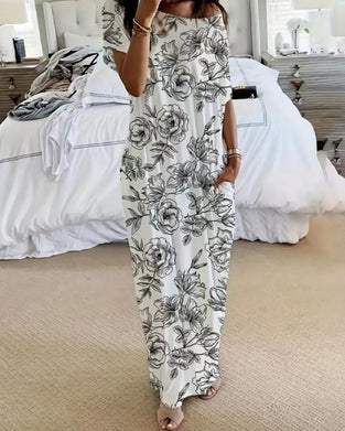 Robe Hors-Épaule Floral Poche Jupe-Pleine