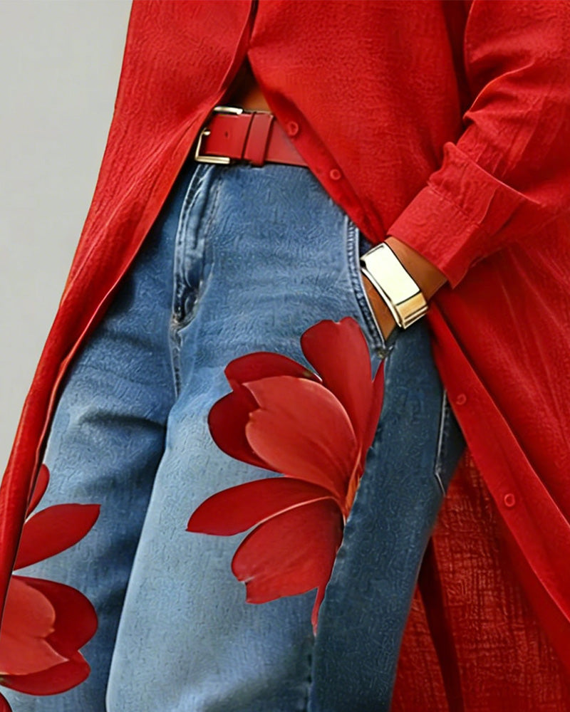 Jeans À Imprimé Floral Court Jambe Large