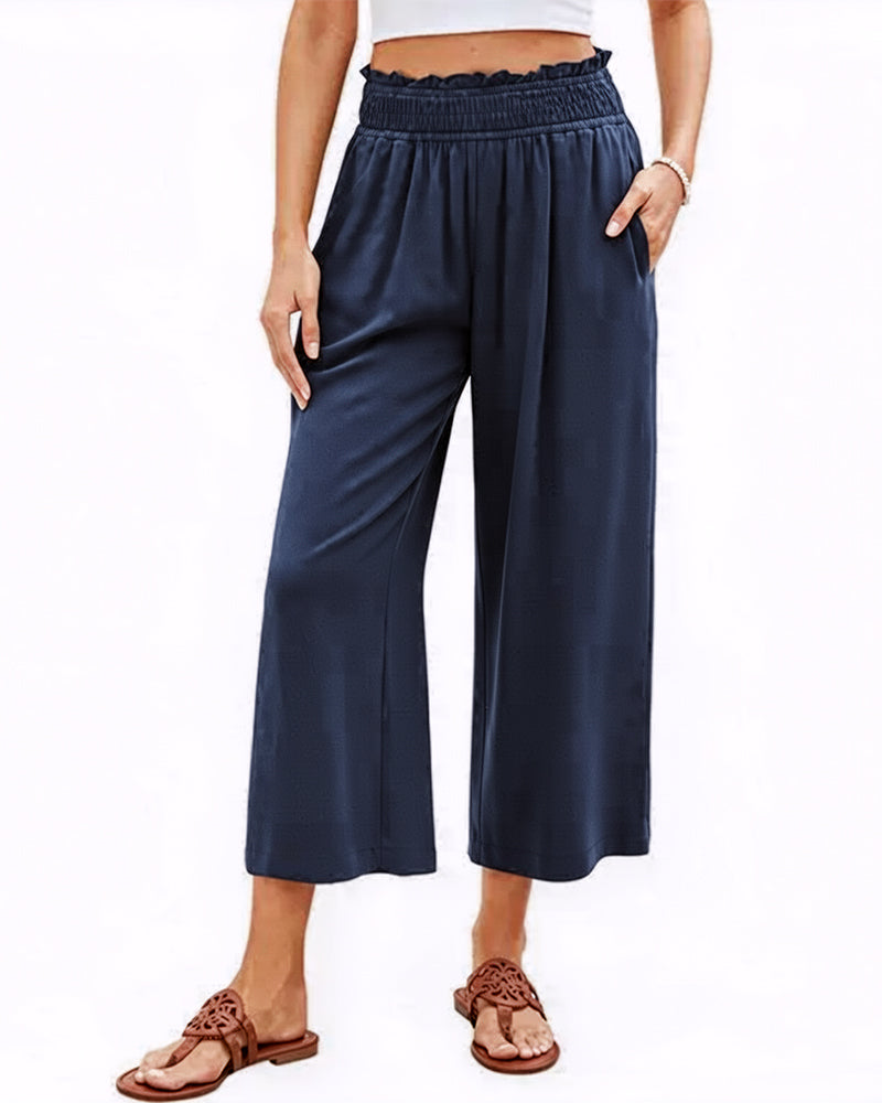 Pantalon Volant Taille Haute Large Jambe Racourci