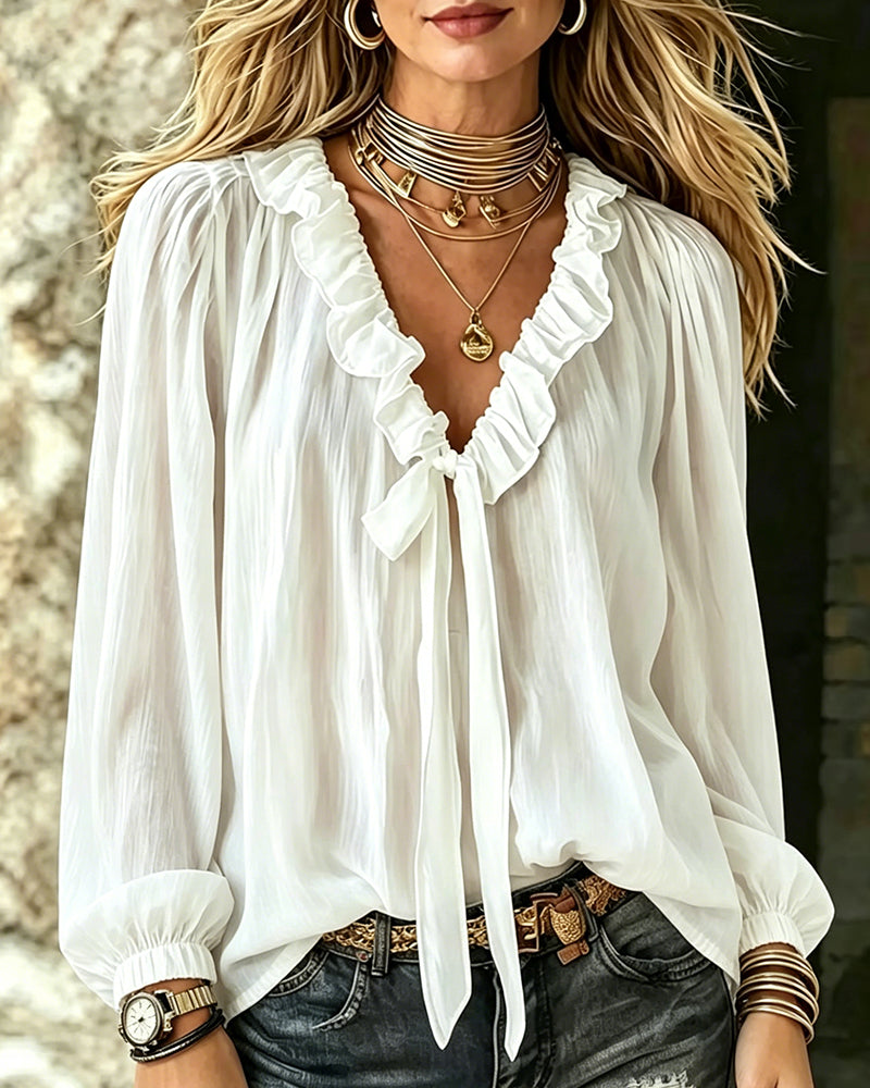 Blouse Col Volant Attache Manche Longue