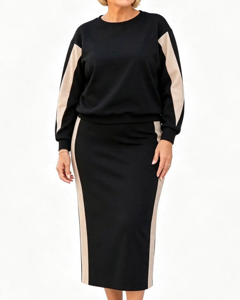 Ensemble Col Rond Bloc De Couleur Jupe