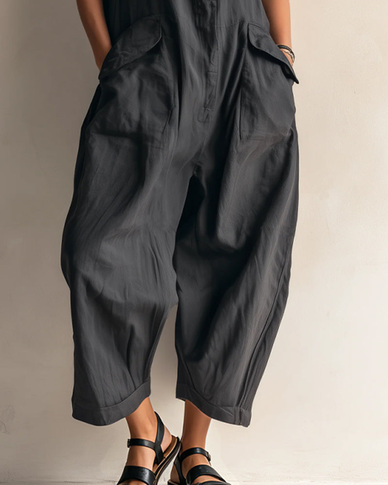 Jumpsuit Revers Sans Manches Poche Cargo