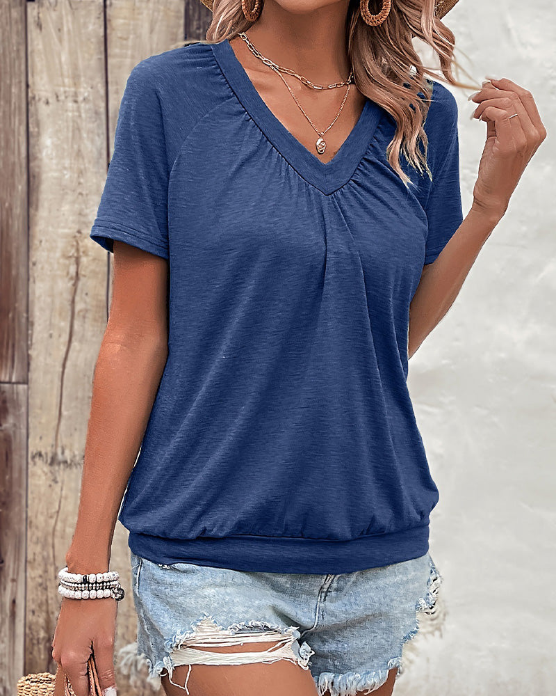 T-Shirt Décontracté Plissé Décolleté En V