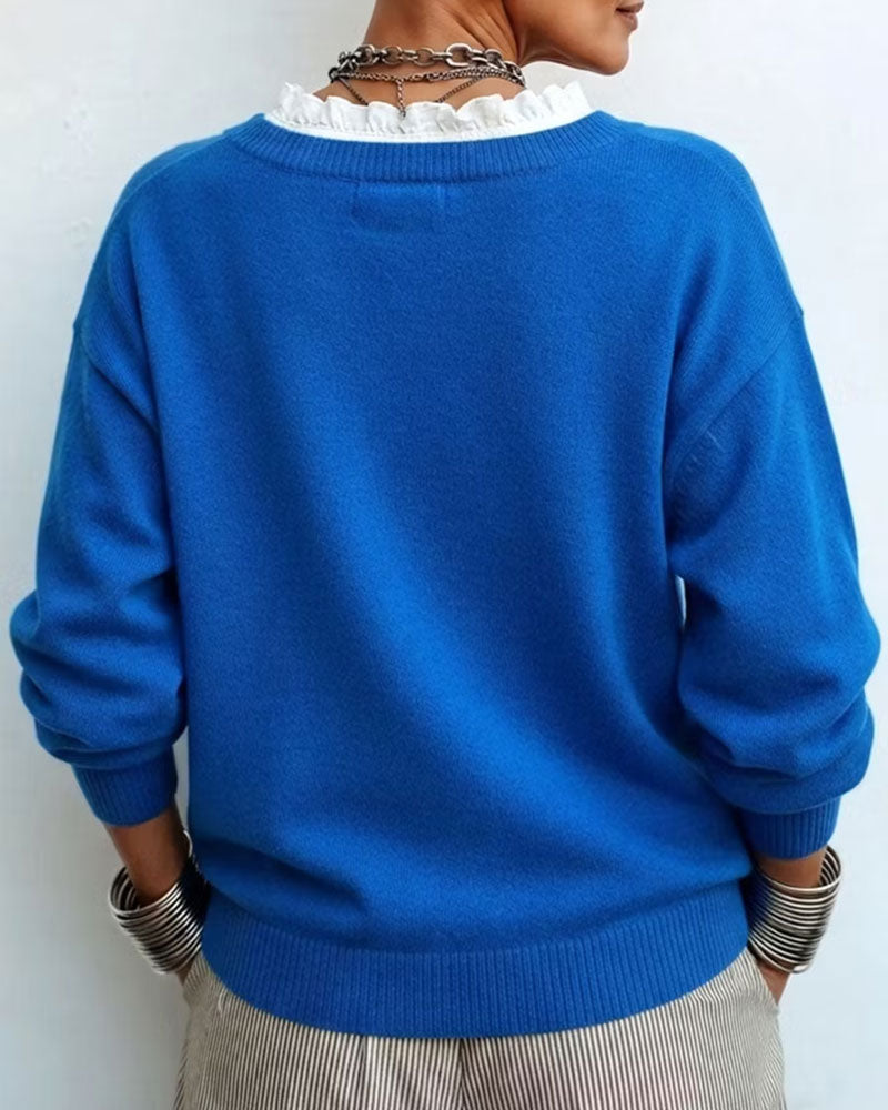 Pullover Faux Deux Pièces Col En V Bordure En Dentelle