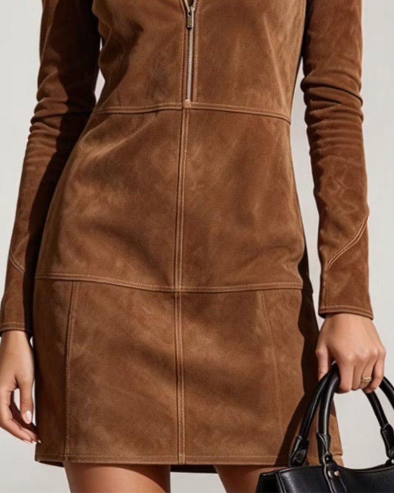 Robe Revers Fermeture Éclair Manches Longues