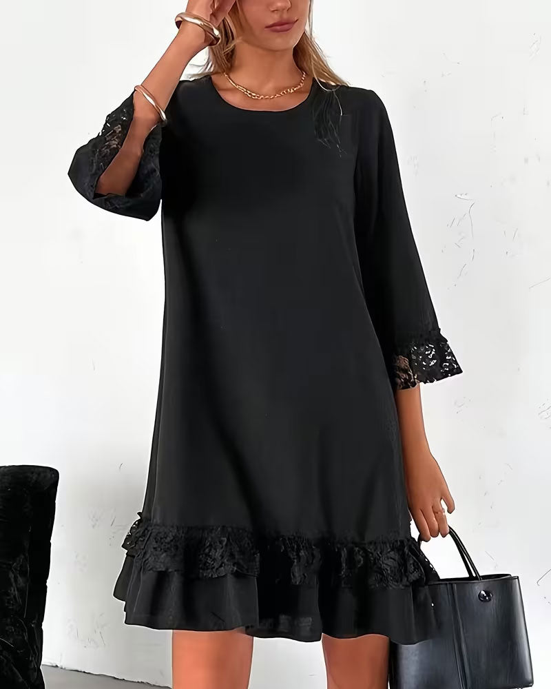 Robe Col Rond Manche Demi-Longue Dentelle Patchwork